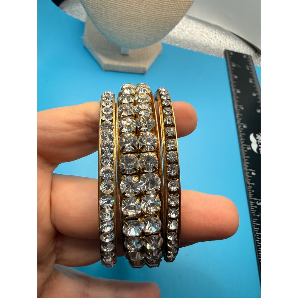 Vintage Rhinestone Bangle Bracelet Set Gold Tone Stackable Mid Century 3 Piece